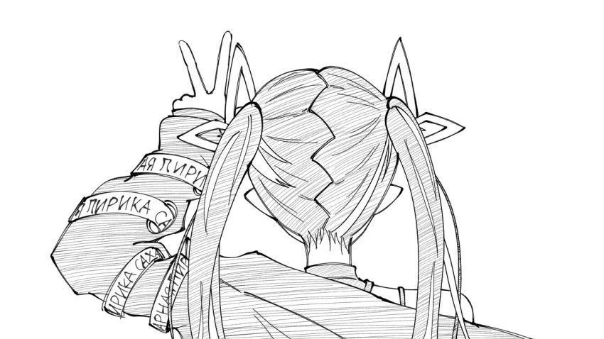 1girl arm_up chika_h_sat commentary_request demon_girl demon_horns from_behind greyscale horns jacket kojo_anna long_hair long_sleeves monochrome nanashi_inc. pointy_ears russian_text simple_background sketch solo twintails upper_body v virtual_youtuber