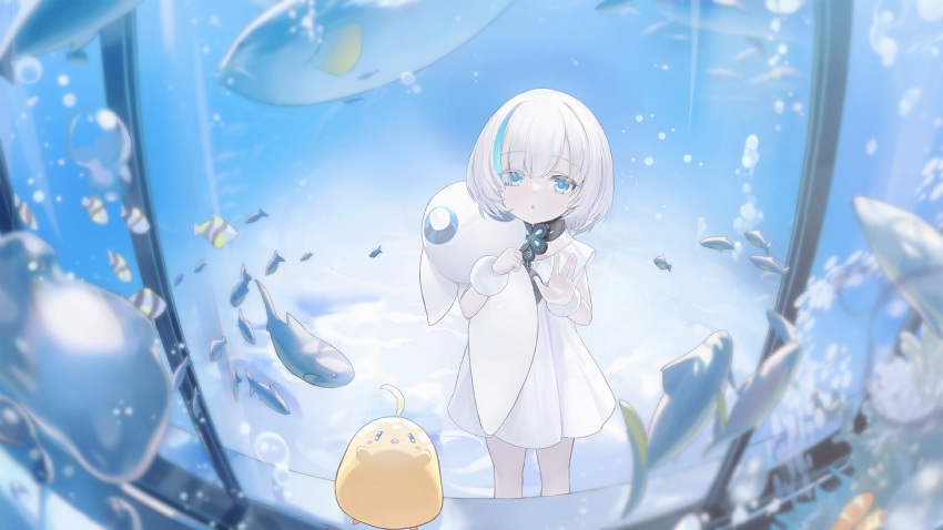 1girl :o air_bubble aquarium artist_request azur_lane blue_eyes blue_hair bubble child colored_eyelashes colored_skin dress eyes_visible_through_hair fish four-leaf_clover_necklace game_cg hair_over_one_eye hand_up highres holding holding_stuffed_toy indoors jewelry manjuu_(azur_lane) multicolored_hair necklace non-web_source official_art open_mouth pale_skin short_hair solo streaked_hair stuffed_toy tb_(azur_lane) tb_(young)_(azur_lane) tropical_fish two-tone_hair water white_dress white_hair white_skin wrist_cuffs