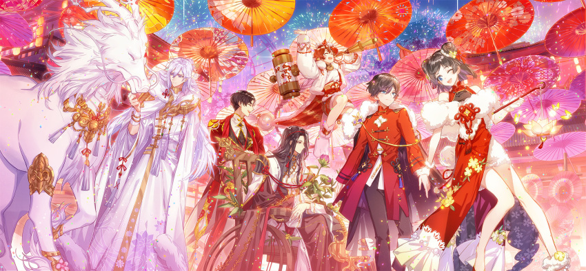 1girl 5boys :d ;d ^_^ aerial_fireworks ankle_garter architecture armor black_cape black_eyes black_hair black_pants black_robe blue_eyes bracelet braid brown_shorts building cape changpao china_dress chinese_clothes chinese_knot cloak closed_eyes closed_mouth coat double_bun dr.k dress dress_flower east_asian_architecture feather_boa feet_out_of_frame female_master_(the_tale_of_food) fireworks flower fur-trimmed_cape fur-trimmed_cloak fur-trimmed_coat fur-trimmed_shorts fur_trim hair_between_eyes hair_bun hair_flower hair_ornament hair_stick half_updo hammer hanfu highres holding holding_flower holding_hammer holding_hands holding_lantern horn_flower jacket jewelry jumping lantern long_hair long_sleeves looking_at_animal looking_at_another looking_at_flowers male_master_(the_tale_of_food) medium_hair multiple_boys new_year new_year_fish_(the_tale_of_food) nian_gao_(the_tale_of_food) night oil-paper_umbrella one_eye_closed open_clothes open_coat outdoors pants parted_bangs paw_shoes pelvic_curtain plant purple_flower purple_hair qilin_(mythology) red_coat red_dress red_flower red_jacket robe shirt short_hair shorts shoulder_armor side_cape single_braid single_hair_bun sitting sleeveless sleeveless_dress smile standing stole tangzhuang tassel the_tale_of_food tower_of_delicacy_(the_tale_of_food) tree_horns tusu_elixir_(the_tale_of_food) two-sided_coat two-sided_fabric umbrella walking wheelchair white_cloak white_coat white_robe white_shirt wide_sleeves wrist_cuffs yellow_flower