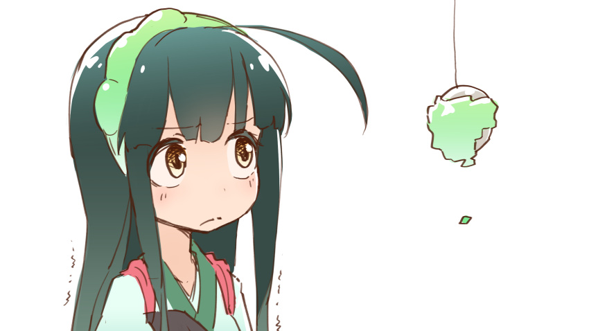 1girl ahoge bait blush closed_mouth commentary_request fishing_line frown furrowed_brow green_hair green_hairband green_kimono hairband highres japanese_clothes kimono long_hair looking_at_food muneate sidelocks simple_background solo tasuki touhoku_zunko trembling upper_body voiceroid white_background yamadori_seika yellow_eyes zunda_mochi
