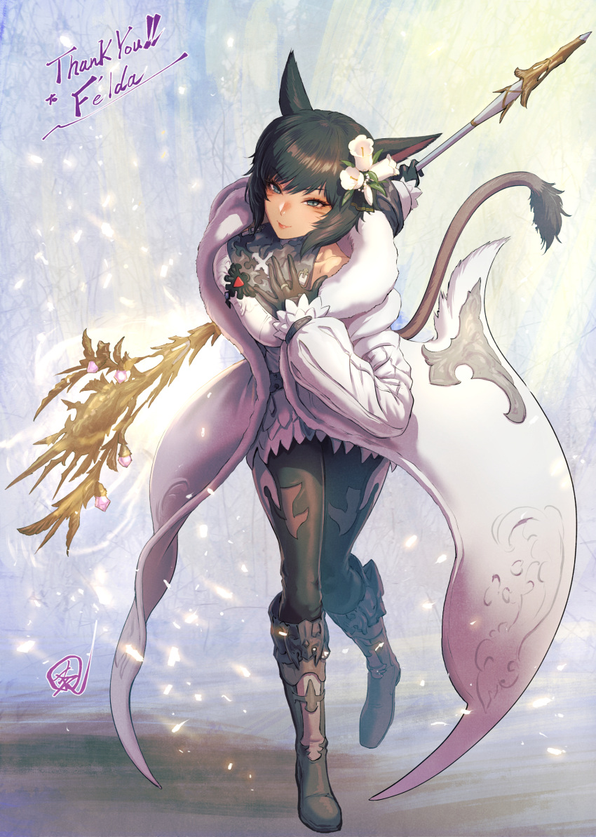 1girl absurdres animal_ears black_hair boots breasts cat_ears cat_tail closed_mouth coat commentary_request commission detached_sleeves final_fantasy final_fantasy_xiv flower fujii_eishun full_body fur_trim gloves grey_eyes hair_flower hair_ornament hand_on_own_chest highres holding knee_boots lips long_coat long_sleeves looking_at_viewer medium_breasts miqo'te pants short_hair signature skeb_commission smile staff tail