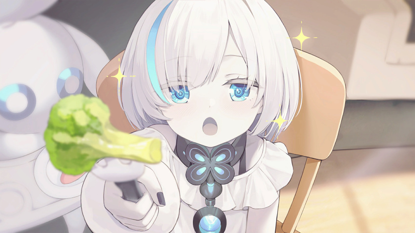 1girl :o artist_request azur_lane black_nails blue_eyes blue_hair blurry blush broccoli chair child colored_eyelashes colored_skin couch depth_of_field dress eyes_visible_through_hair feeding fingernails fork four-leaf_clover_necklace game_cg hair_over_one_eye hand_up highres holding holding_fork incoming_food indoors jewelry looking_at_viewer multicolored_hair nail_polish necklace non-web_source off-shoulder_dress off_shoulder official_art open_mouth pale_skin plate pov short_hair sitting solo sparkle streaked_hair stuffed_toy table tb_(azur_lane) tb_(young)_(azur_lane) two-tone_hair white_dress white_hair white_skin wrist_cuffs
