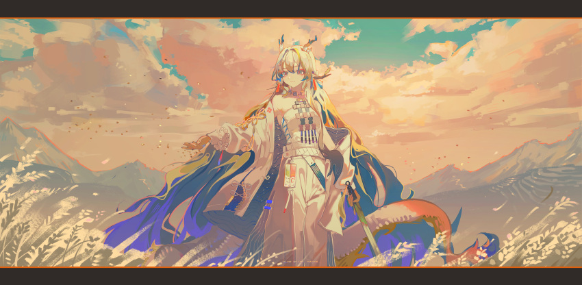 1girl absurdres arknights arm_at_side bead_bracelet beads blonde_hair blue_hair blue_sky bracelet closed_mouth clouds cloudy_sky colored_skin day dragon_girl dragon_horns dragon_tail earrings falling_leaves feet_out_of_frame grey_hair hair_between_eyes hair_intakes hair_spread_out highres holding holding_sword holding_weapon horns jacket jewelry leaf letterboxed long_hair long_sleeves mountain multicolored_hair multiple_bracelets necklace nizhenbang off_shoulder open_clothes open_hand open_jacket outdoors outstretched_arm pants pointy_ears rice_(plant) scenery shirt shu_(arknights) sidelocks sky smile solo strapless strapless_shirt streaked_hair sword tail tassel tassel_earrings very_long_hair watermark weapon white_jacket white_pants white_shirt wide_shot