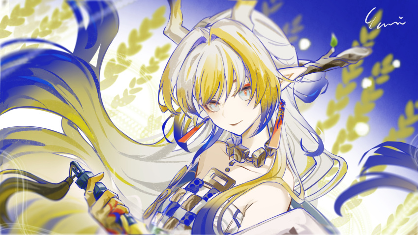 1girl arknights bare_shoulders blonde_hair blue_background blue_eyes blue_hair branch collarbone colored_skin dragon_girl dragon_horns earrings floating_hair from_side gradient_background grey_hair hair_intakes hair_ornament hair_stick head_tilt highres holding holding_sword holding_weapon horns jacket jewelry long_bangs long_hair looking_at_viewer multicolored_hair necklace off_shoulder open_clothes open_jacket pointy_ears red_pupils shirt shu_(arknights) sidelocks signature solo strapless strapless_shirt streaked_hair sword tassel tassel_earrings upper_body very_long_hair weapon white_background white_jacket white_shirt yu_li_(yuri-spring)