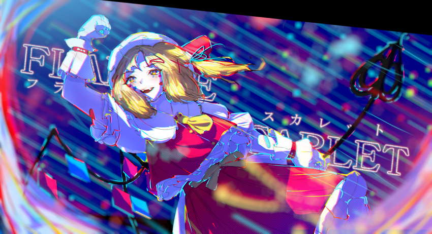 bandages blonde_hair blurry blurry_background blurry_foreground bow chadntartist character_name collar colorful crystal decorations flandre_scarlet frilled_bonnet frills hair_tie halftone highres laevatein_(touhou) mika_pikazo_(style) multicolored_background necktie red_shirt red_skirt ribbon shirt skirt touhou white_collar wings wristwear yellow_eyes