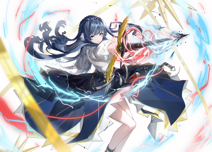1girl arknights astesia_(arknights) blue_eyes blue_hair blue_skirt bright_pupils glowing glowing_sword glowing_weapon highres holding holding_sword holding_weapon infection_monitor_(arknights) laomotou long_hair long_skirt shirt skirt sword weapon white_pupils white_shirt