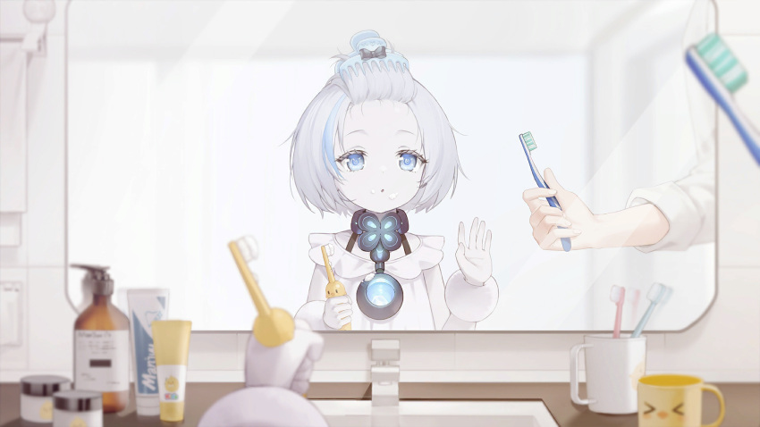 1boy 1girl :o artist_request azur_lane bangs_pinned_back bathroom blue_eyes blue_hair child colored_eyelashes colored_skin comb commander_(azur_lane) dress eyes_visible_through_hair fingernails foam_on_face four-leaf_clover_necklace game_cg highres holding holding_toothbrush indoors jewelry mirror multicolored_hair necklace non-web_source official_art open_mouth pale_skin pov reflection short_hair sink soap_bottle solo_focus streaked_hair tb_(azur_lane) tb_(young)_(azur_lane) toothbrush toothpaste two-tone_hair white_dress white_hair white_skin wrist_cuffs