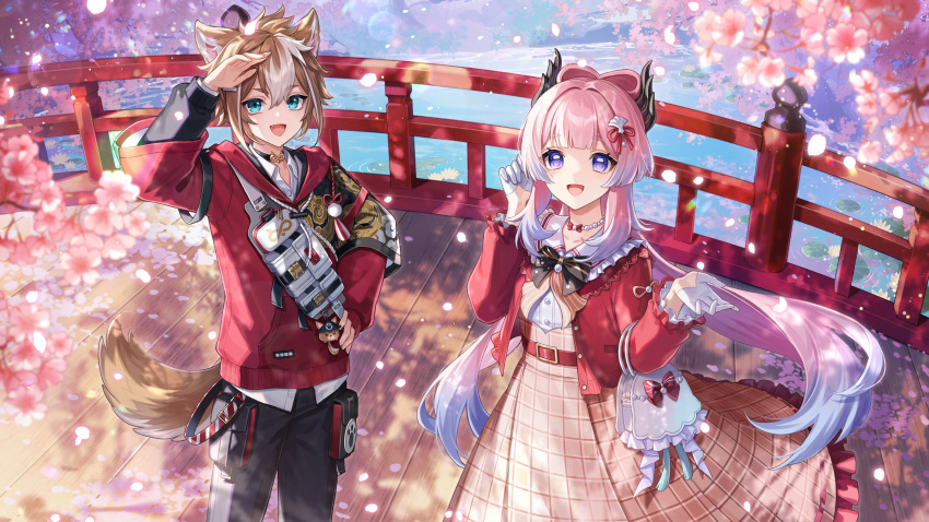 1boy 1girl absurdres amaichi_esora bag bead_necklace beads belt black_bow blue_hair bow bow-shaped_hair colored_tips dress falling_petals genshin_impact gloves gorou_(genshin_impact) gorou_(sushiro)_(genshin_impact) half_gloves handbag highres jacket jewelry light_blue_hair long_hair long_sleeves looking_at_viewer multicolored_hair necklace official_alternate_costume open_mouth outdoors petals pink_hair red_belt red_jacket sangonomiya_kokomi sangonomiya_kokomi_(sushiro) sidelocks smile standing striped_clothes striped_dress violet_eyes white_bag white_gloves