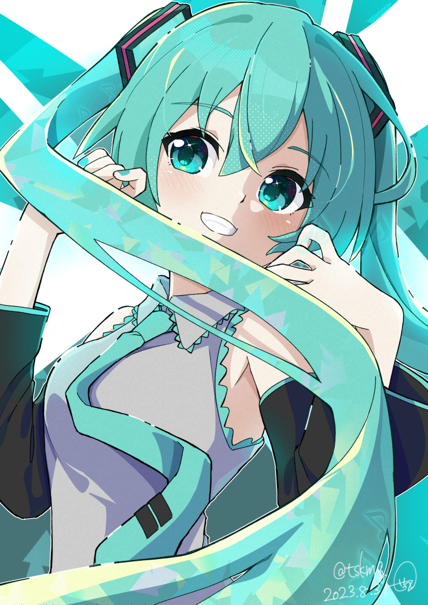 1girl aqua_eyes aqua_hair aqua_nails aqua_necktie black_sleeves blush c-up commentary dated detached_sleeves grey_shirt grin hair_between_eyes hair_ornament hands_up hatsune_miku highres long_hair long_sleeves looking_at_viewer nail_polish necktie sechin shirt simple_background sleeveless sleeveless_shirt smile solo teeth twintails upper_body very_long_hair vocaloid watermark white_background