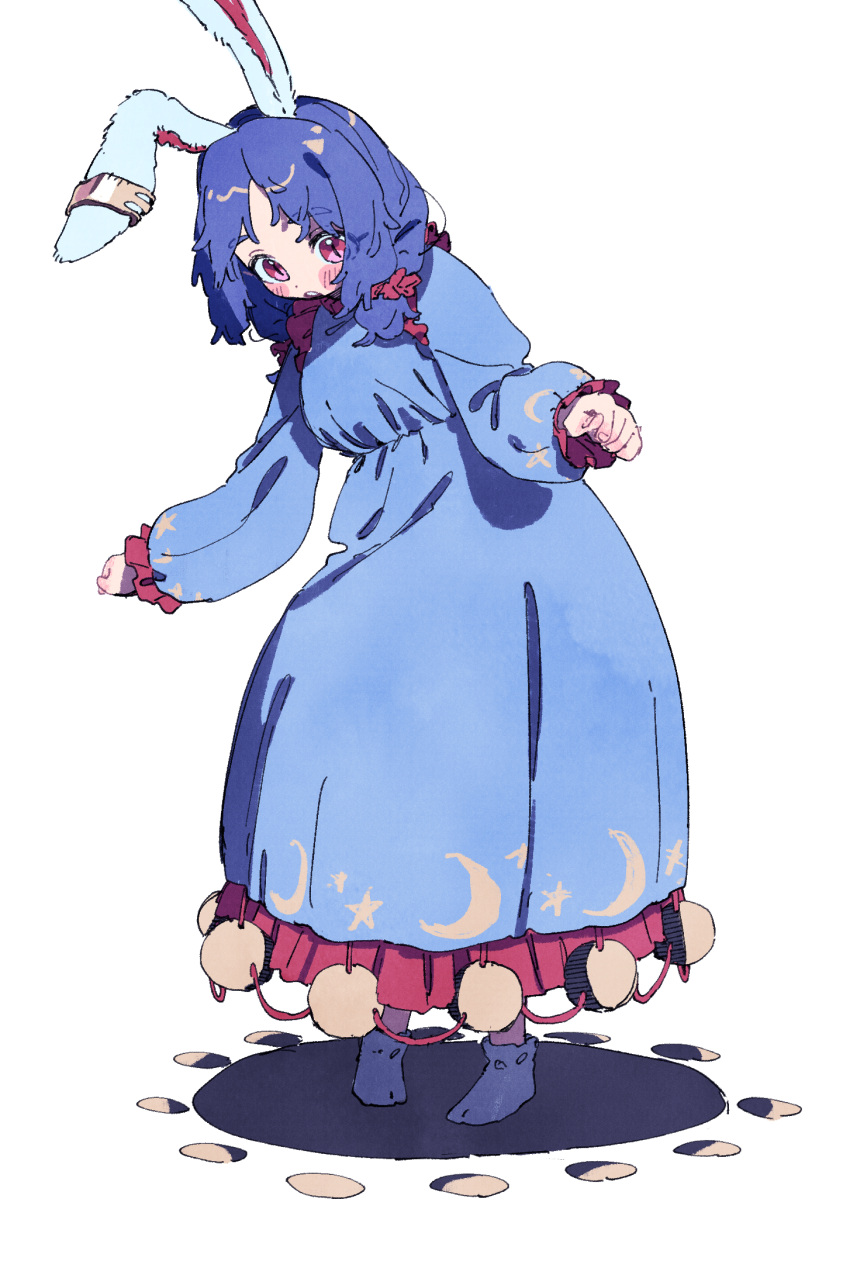 1girl adapted_costume animal_ears blue_dress blue_hair blush crescent_print dress earclip full_body highres long_hair long_sleeves nama_udon open_mouth rabbit_ears red_eyes seiran_(touhou) simple_background socks solo standing star_(symbol) star_print touhou white_background white_socks