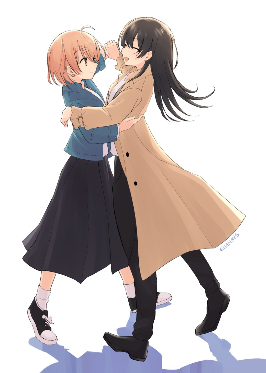 2girls ^_^ absurdres ahoge artist_name black_footwear black_hair black_pants black_skirt blue_jacket brown_coat brown_eyes closed_eyes closed_mouth coat commentary couple dancing earrings full_body hand_on_another's_waist hashtag_only_commentary highres holding_hands jacket jewelry koito_yuu long_hair long_sleeves looking_at_another multiple_girls nanami_touko open_clothes open_coat open_jacket open_mouth orange_hair pants shadow shanays shirt short_hair simple_background skirt socks white_background white_shirt white_socks yagate_kimi_ni_naru yuri