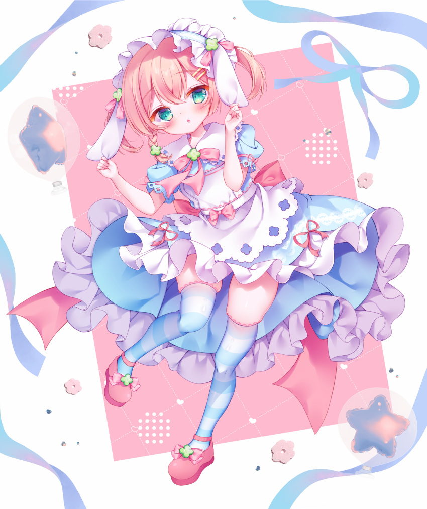 1girl amahane_yotsuha animal_ears apron blue_dress blue_hairband blue_ribbon blush bow braid chestnut_mouth collared_dress commentary_request dress floppy_ears frilled_dress frilled_hairband frills full_body fuxiyu grabbing_another's_ear green_eyes hair_between_eyes hairband hand_on_another's_ear hands_up highres light_brown_hair looking_at_viewer parted_lips pink_background pink_bow pink_footwear puffy_short_sleeves puffy_sleeves rabbit_ears ribbon shoes short_sleeves skindentation solo standing standing_on_one_leg star_(symbol) striped_clothes striped_thighhighs thigh-highs twintails two-tone_background vgaming virtual_youtuber white_apron white_background