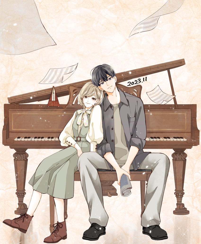 1boy 1girl asato_masumi aza-koi black_eyes black_footwear breast_pocket closed_mouth collared_shirt commentary_request cross-laced_footwear dated dress floating full_body grand_piano grey_dress grey_pants grey_shirt hair_between_eyes highres holding holding_magazine instrument kurachi_yone leaning_on_person leaning_to_the_side light_brown_hair long_sleeves looking_at_viewer magazine_(object) metronome minato_kouichi neck_ribbon on_stool pants papers piano pinafore_dress pink_background pocket puffy_long_sleeves puffy_sleeves ribbon sheet_music shirt shoes short_hair sitting sleeveless sleeveless_dress smile standing stool t-shirt unbuttoned white_ribbon white_shirt wooden_stool