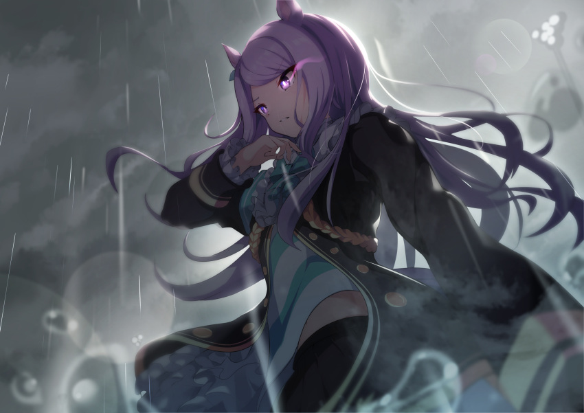 1girl animal_ears armband blurry blurry_background breasts commentary_request glowing glowing_eye highres horse_ears horse_girl horse_tail lamppost long_hair mejiro_mcqueen_(umamusume) navel purple_hair rain ribbon sky small_breasts solo sunny_(20597521) tail umamusume uniform violet_eyes