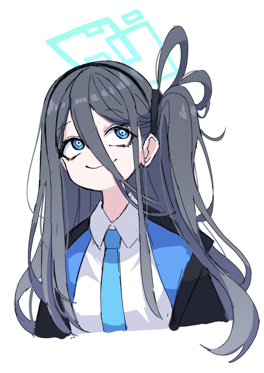 1girl absurdly_long_hair aris_(blue_archive) black_hair blue_archive blue_eyes blue_necktie closed_mouth collared_shirt crazy_smile dr_yamero green_halo halo highres jacket long_hair necktie one_side_up open_clothes open_jacket ringed_eyes shirt smile solo thigh-highs upper_body very_long_hair white_background white_shirt