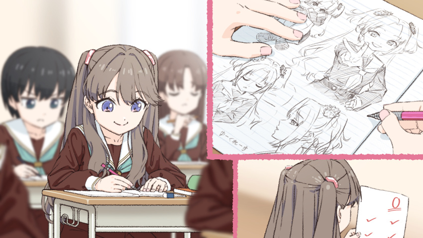 4girls black_hair blurry blurry_background blurry_foreground book brown_dress brown_hair closed_mouth desk drawing dress examination_paper fujishima_megumi green_neckerchief highres holding holding_paper holding_pencil indoors link!_like!_love_live! long_sleeves love_live! mechanical_pencil minpailea multiple_girls neckerchief osawa_rurino paper pencil sailor_collar school_desk short_hair sitting smile test_score_(paper) two_side_up upper_body v violet_eyes white_sailor_collar winter_uniform