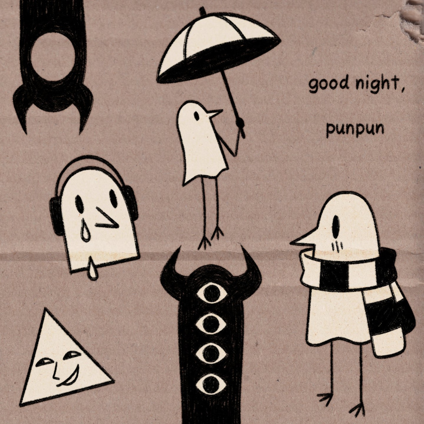 blush cardboard commentary cryptidhermit english_commentary extra_eyes full_body headphones highres holding holding_umbrella horns multiple_persona no_humans onodera_punpun oyasumi_punpun scarf solid_oval_eyes standing striped_clothes striped_scarf tears triangle umbrella