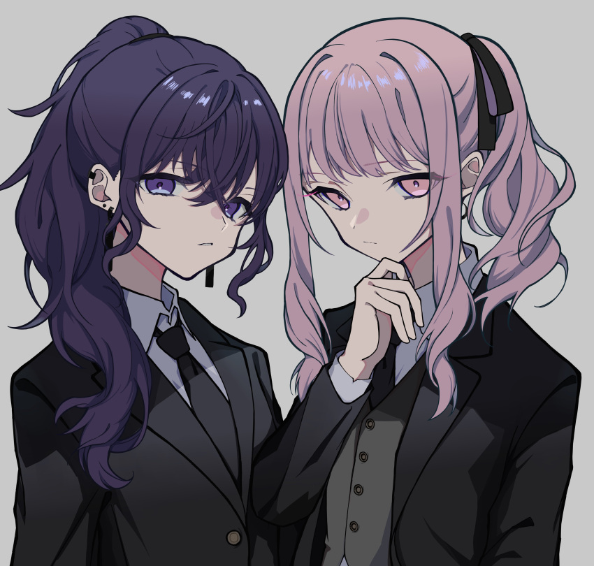 1girl 1other absurdres akiyama_mizuki androgynous asahina_mafuyu barbarpapa black_jacket black_necktie black_ribbon buttons closed_mouth collared_shirt commentary dress_shirt earrings formal grey_background grey_vest hair_between_eyes hair_over_shoulder hair_ribbon hand_on_own_chin hand_up highres jacket jewelry lapels long_hair long_sleeves looking_at_viewer necktie notched_lapels open_clothes open_jacket parted_lips pink_eyes pink_hair project_sekai purple_hair ribbon shirt side_ponytail sidelocks simple_background suit suit_jacket upper_body vest violet_eyes waistcoat white_shirt