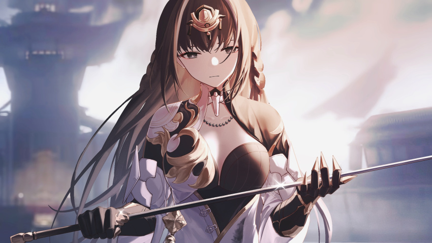 1girl black_dress braid brown_hair china_dress chinese_clothes dress forehead_jewel hair_intakes highres holding holding_sword holding_weapon jewelry long_hair mechanical_arms necklace pearl_necklace punishing:_gray_raven qu_(punishing:_gray_raven) sidelocks solo sword two-tone_dress weapon white_dress zhou_huan_(dgpe2833)