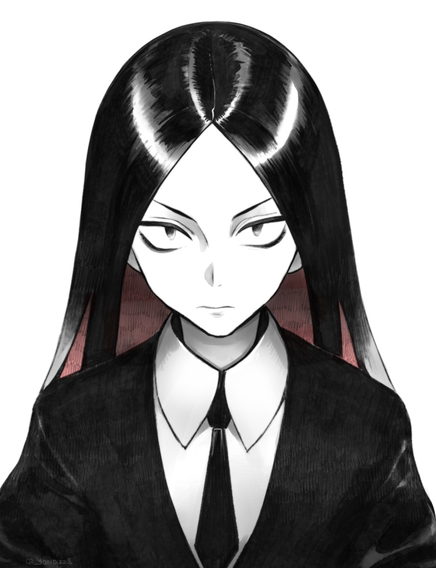 1other androgynous black_hair bort closed_mouth collared_shirt colored_inner_hair gem_uniform_(houseki_no_kuni) highres houseki_no_kuni jacket limited_palette long_hair looking_at_viewer multicolored_hair necktie other_focus parted_bangs redhead shirt simple_background solo straight_hair streaked_hair tsurime upper_body yonq98