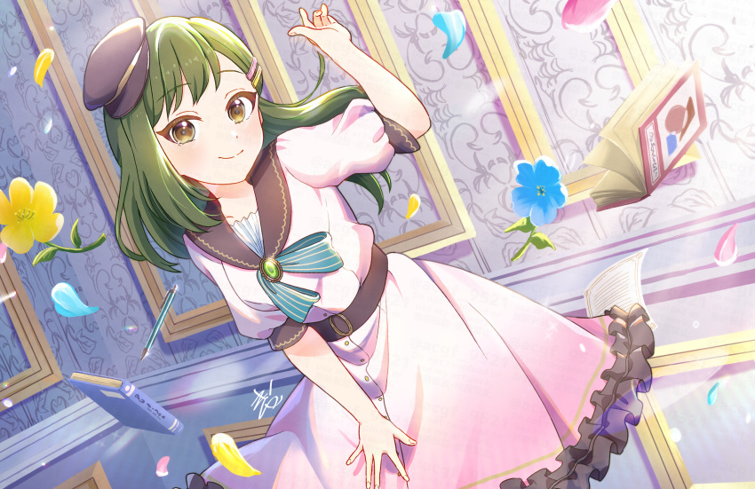 1girl aqua_bow belt book bow brown_belt brown_eyes brown_headwear closed_mouth commentary dress dutch_angle floating floating_object flower frilled_dress frills green_hair hair_ornament hairclip hat highres indoors kyaku_tatsu light_rays link!_like!_love_live! long_hair looking_at_viewer love_live! oogami_sachi pen petals pink_dress short_sleeves sign smile solo swept_bangs upper_body