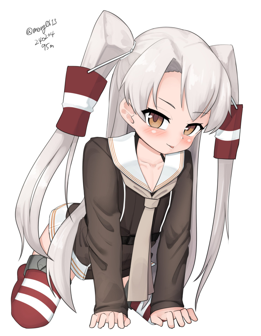 1girl absurdres all_fours amatsukaze_(kancolle) brown_dress brown_eyes dated dress grey_hair grey_neckerchief hair_tubes highres kantai_collection long_hair looking_at_viewer maru_(marg0613) neckerchief one-hour_drawing_challenge red_thighhighs sailor_collar sailor_dress short_dress simple_background solo striped_clothes striped_thighhighs thigh-highs tongue tongue_out twitter_username two_side_up white_background white_sailor_collar