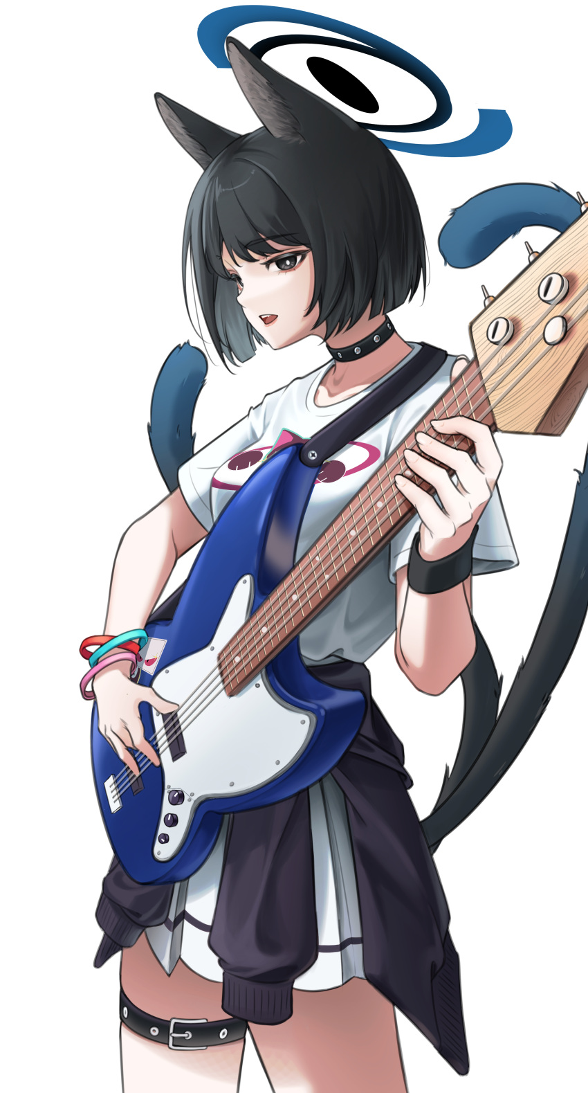 1girl absurdres animal_ears black_collar black_jacket blue_archive breasts cat_ears cat_girl cat_tail clothes_around_waist collar electric_guitar grey_eyes guitar halo highres holding holding_instrument instrument jacket jacket_around_waist kikyou_(blue_archive) medium_breasts multiple_tails open_mouth pleated_skirt samgong shirt short_hair short_sleeves simple_background skirt solo tail two_tails white_background white_shirt white_skirt
