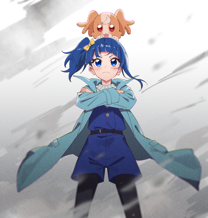 1girl absurdres animal_on_head aqua_coat black_pantyhose blue_eyes blue_hair blue_jumpsuit border bow chinese_commentary closed_mouth coat commentary_request crossed_arms cut_bangs frown hair_bow highres hirogaru_sky!_precure in-franchise_crossover inukai_komugi inukai_komugi_(dog) jumpsuit legs_apart looking_at_viewer medium_hair on_head open_clothes open_coat pantyhose precure short_jumpsuit side_ponytail single_sidelock sipeiren smoke solo sora_harewataru standing wonderful_precure! yellow_border