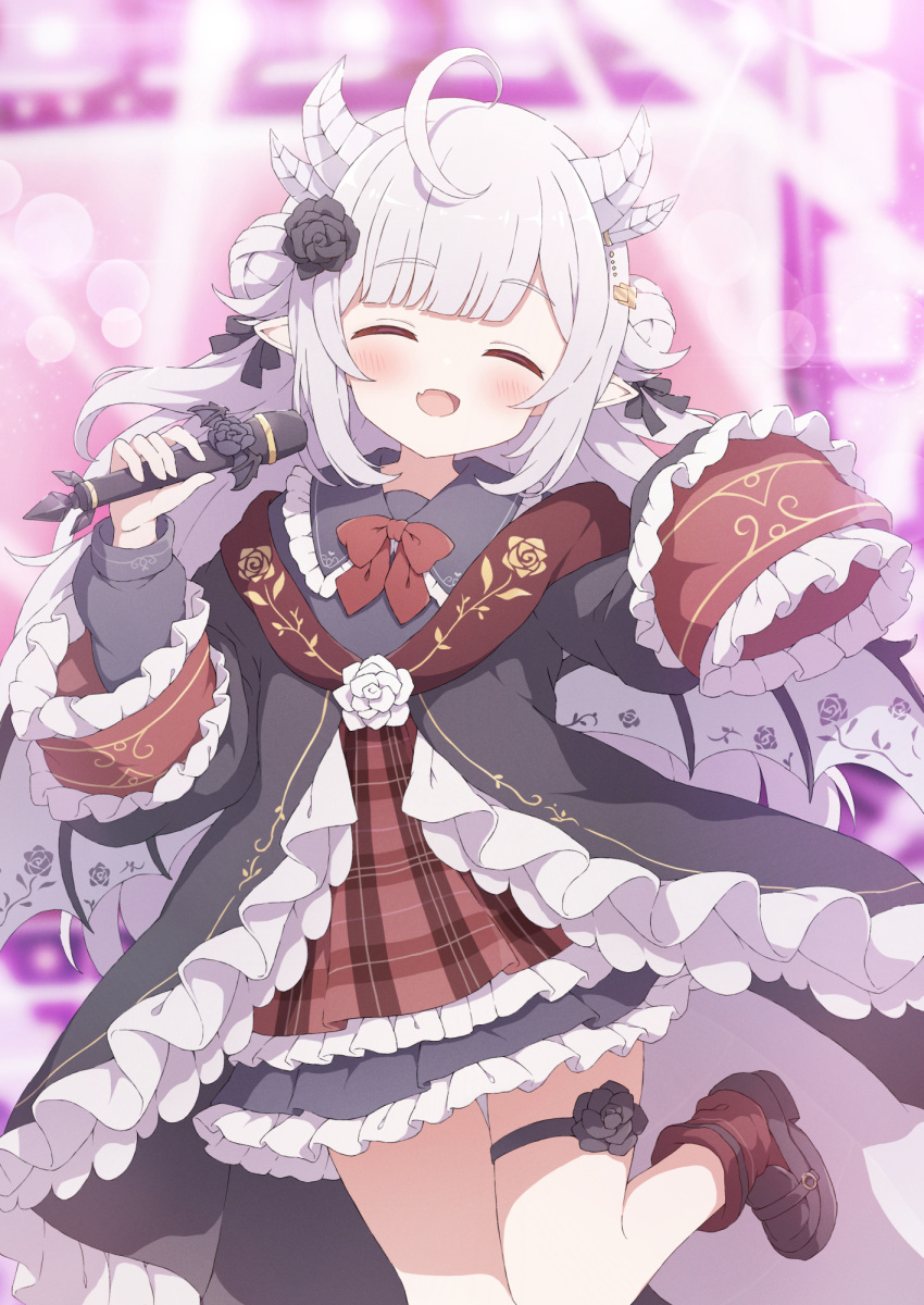 1girl blush closed_eyes commission double_bun facing_viewer fang foot_up grey_hair hair_bun highres holding holding_microphone horns idol indie_virtual_youtuber layered_sleeves long_hair long_sleeves microphone open_mouth pointy_ears skeb_commission skin_fang sleeves_past_fingers sleeves_past_wrists solo thigh_strap tyakomes variant_set white_hair white_horns