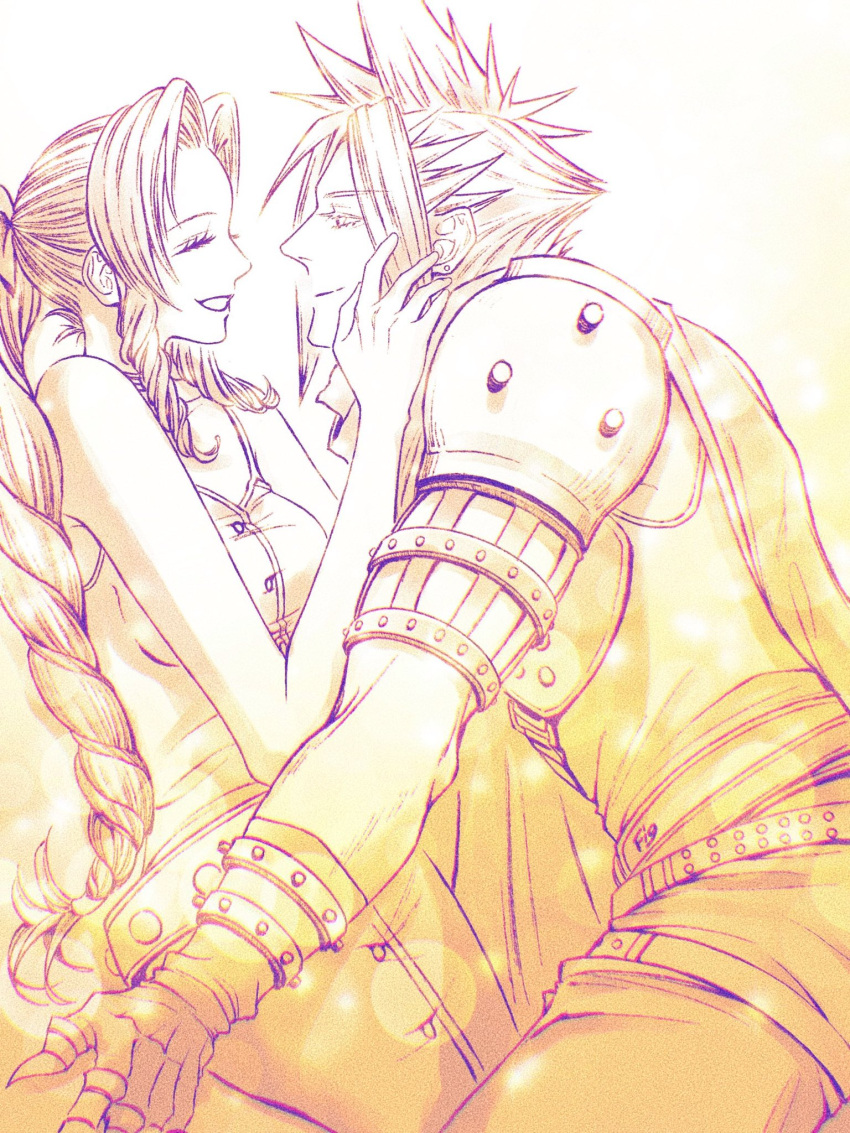 1boy 1girl aerith_gainsborough armor bare_arms belt braid braided_ponytail breasts buttons choker clawed_gauntlets cloak closed_eyes closed_mouth cloud_strife couple dress earrings fig82117s final_fantasy final_fantasy_vii hair_ribbon hair_tie hand_on_another's_cheek hand_on_another's_face hetero highres jewelry kingdom_hearts long_hair looking_at_another loose_belt medium_breasts monochrome multiple_belts official_alternate_costume parted_bangs parted_lips ribbon ribbon_choker short_hair shoulder_armor sidelocks single_braid single_earring sleeveless sleeveless_dress sleeveless_turtleneck smile spiky_hair turtleneck upper_body wavy_hair