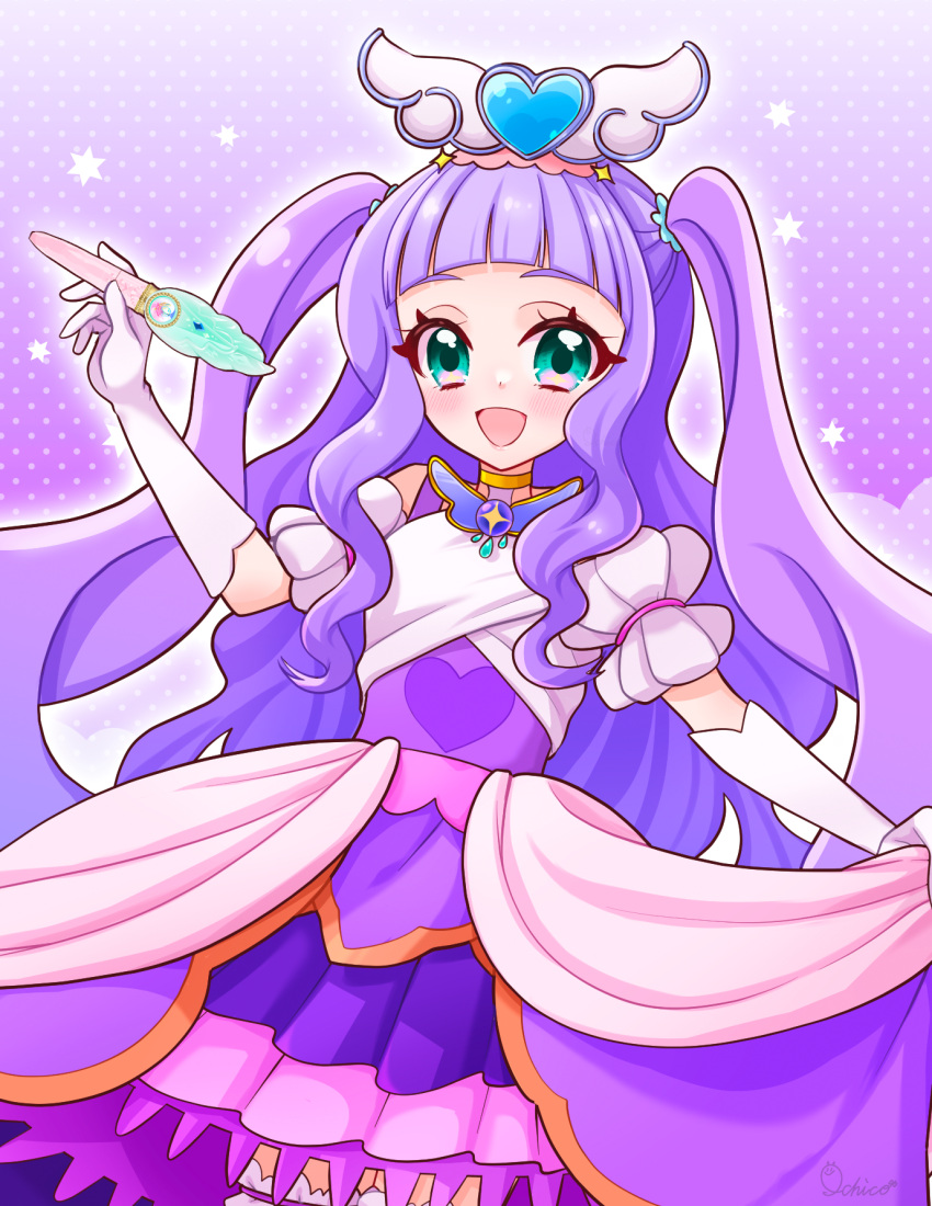 1girl :d aqua_hair artist_name brooch clothing_cutout cowboy_shot cure_majesty dress ellee-chan frilled_skirt frills gloves half-dress highres hirogaru_sky!_precure holding ichico_mkmk jewelry layered_skirt long_hair looking_at_viewer magical_girl miniskirt mirage_pen open_mouth precure purple_background purple_dress purple_hair purple_skirt short_sleeves shoulder_cutout sidelocks signature skirt skirt_hold smile solo standing two_side_up white_gloves wing_brooch wing_hair_ornament
