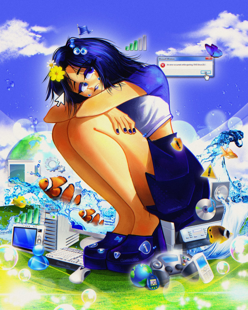 1girl blue_eyes blue_footwear blue_hair blue_skirt bubble bug butterfly clouds computer controller cursor error_message fish flower frutiger_aero gabiecillo game_console game_controller glasses hair_flower hair_ornament handheld_game_console highres icon_(computing) keyboard_(computer) looking_at_viewer miniskirt monitor mouse_(computer) nail_polish original shoes short_hair skirt sky solo squatting water window_(computing)