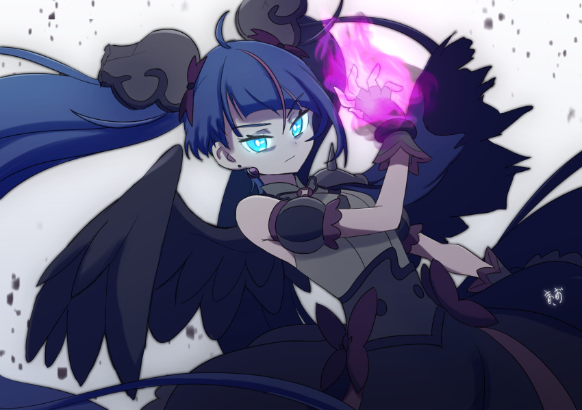 1girl armor black_dress black_wings blue_eyes blue_hair bow brooch closed_mouth corruption cure_sky cut_bangs dark_cure_sky dark_persona detached_sleeves dress dress_bow dutch_angle earrings feathered_wings fingerless_gloves frown gloves glowing glowing_eyes glowing_hand grey_dress grey_gloves highres hirogaru_sky!_precure jewelry long_hair looking_at_viewer magical_girl multicolored_hair pauldrons precure puffy_detached_sleeves puffy_sleeves redhead shoulder_armor single_pauldron single_wing sleeveless sleeveless_dress solo sora_harewataru spiked_pauldrons standing streaked_hair twintails two-tone_dress very_long_hair wind wing_brooch wing_hair_ornament wings zerolay