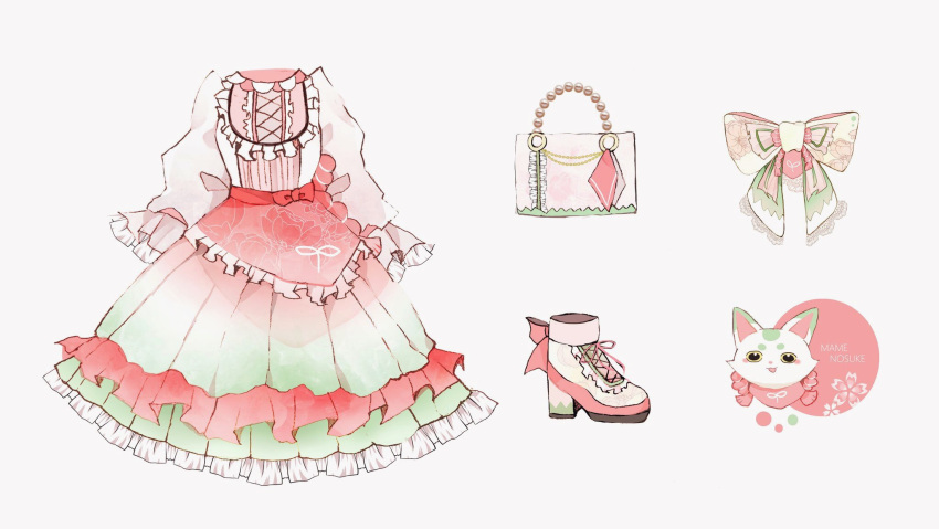 adapted_costume animal bag bow clothed_animal cross-laced_footwear dress fox frilled_dress frills gradient_dress green_dress handbag high_heels highres layered_dress long_sleeves looking_at_viewer mamenosuke_(touken_ranbu) multicolored_bow multicolored_clothes multicolored_dress natsuno_(natutun) no_humans red_bow red_dress red_scarf rope sash scarf shimenawa simple_background touken_ranbu white_background white_dress