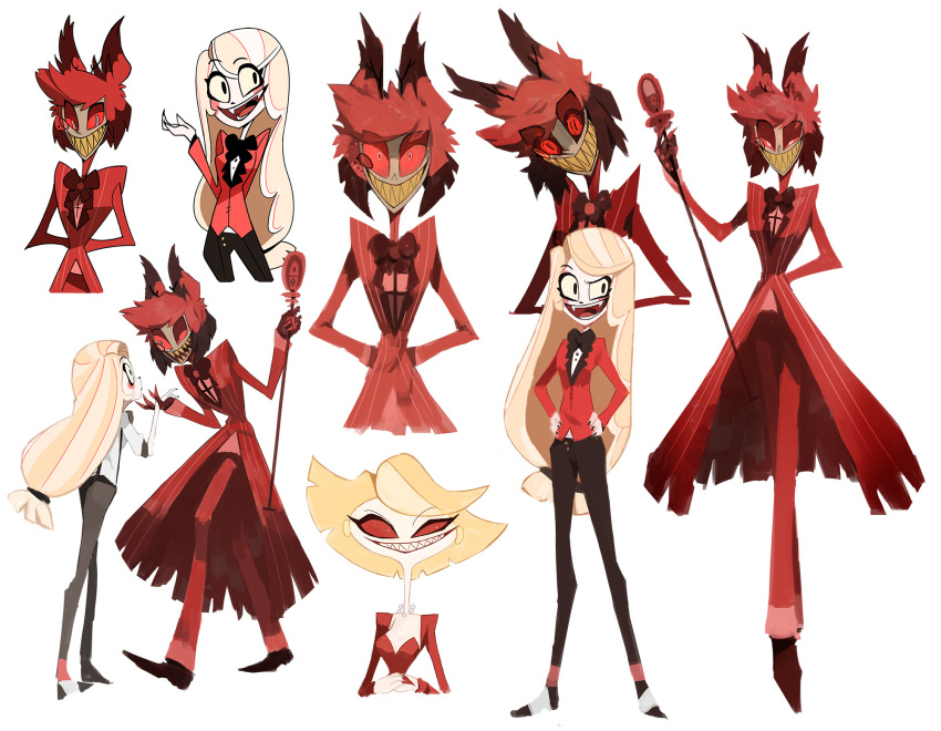 1boy 2girls :d alastor_(hazbin_hotel) animal_ears antlers arms_behind_back black_bow black_bowtie black_footwear black_nails black_pants blonde_hair bow bowtie charlie_morningstar circle_facial_mark claw_ring closed_mouth coat colored_sclera colored_skin commentary deer_antlers deer_boy deer_ears demon_boy english_commentary evil_grin evil_smile eyes_visible_through_hair eyeshadow facial_mark fangs full_body gloves glowing glowing_eyes grey_skin grin half-closed_eyes hand_on_own_hip hand_up hands_on_own_hips hazbin_hotel head_tilt highres holding holding_hands holding_microphone horns jacket jewelry katie_killjoy leaning_forward long_hair looking_at_another looking_at_viewer low-tied_long_hair makeup microphone monocle multicolored_hair multiple_girls multiple_views nai_ga necklace open_mouth pants pearl_necklace red-tinted_eyewear red_bow red_bowtie red_coat red_eyes red_eyeshadow red_gloves red_jacket red_pants red_sclera redhead sharp_teeth shirt shoes short_hair simple_background smile standing striped_coat suspenders teeth tinted_eyewear traditional_bowtie two-tone_hair vertical-striped_coat vintage_microphone white_background white_eyes white_shirt white_skin yellow_eyes yellow_teeth