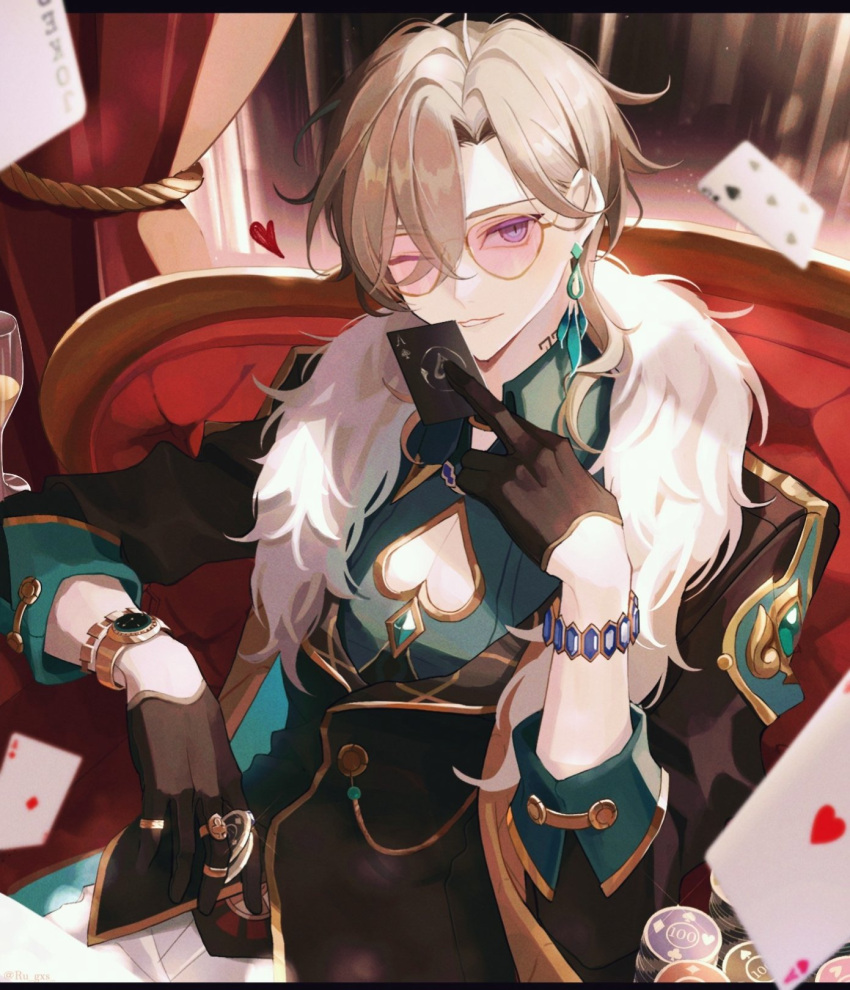 1boy aqua_shirt aventurine_(honkai:_star_rail) black_gloves black_jacket blonde_hair bracelet card cleavage_cutout clothing_cutout couch cup drinking_glass earrings fur_trim glasses gloves hair_between_eyes highres holding holding_card honkai:_star_rail honkai_(series) jacket jewelry looking_at_viewer male_focus on_couch one_eye_closed pectoral_cleavage pectorals playing_card ring ru_gxs shirt short_hair solo violet_eyes watch watch wine_glass