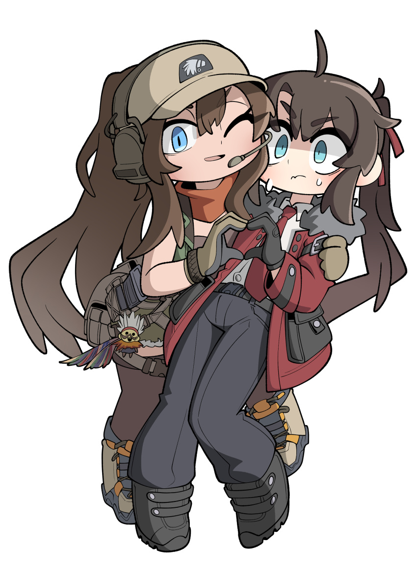 1boy 1girl absurdres ahoge armedrabbit ascot baseball_cap bent_over black_footwear black_gloves black_pants blue_eyes boots breasts brown_footwear brown_hair brown_headwear brown_shirt closed_mouth cm901_(girls'_frontline) collared_shirt commander_(girls'_frontline) commission commissioner_upload ear_protection fur-trimmed_jacket fur_trim girls_frontline gloves hair_between_eyes hat heart heart_hands heart_hands_duo highres jacket journey_in_the_auspicious_snow_(girls'_frontline) long_hair long_sleeves looking_at_viewer microphone necktie one_eye_closed open_clothes open_jacket open_mouth orange_ascot pants ponytail pouch red_jacket red_necktie shirt shorts sidelocks sleeveless sleeveless_shirt small_breasts thigh-highs white_shirt