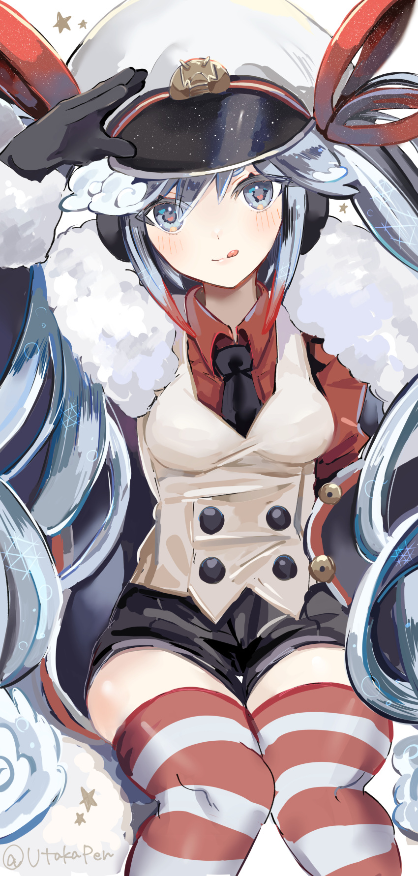 1girl :q absurdres black_coat black_gloves black_necktie black_shorts blue_eyes blue_hair blush breasts buttons coat double-breasted fur-trimmed_coat fur_trim gloves hair_ribbon hat hatsune_miku highres jacket long_hair looking_at_viewer necktie peaked_cap red_ribbon red_shirt red_thighhighs ribbon shirt short_shorts shorts sitting sleeveless sleeveless_jacket small_breasts solo striped_clothes striped_thighhighs thigh-highs tongue tongue_out twintails twitter_username utakapen very_long_hair vocaloid white_headwear white_jacket white_thighhighs yuki_miku yuki_miku_(2022)