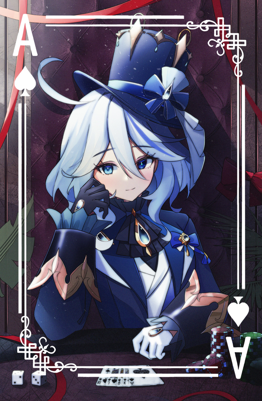 1girl ascot asymmetrical_gloves black_ascot black_gloves blue_eyes blue_hair blue_headwear blue_jacket card closed_mouth commentary cowlick dice essukaa_(e-su) furina_(genshin_impact) genshin_impact gloves hand_up hat heterochromia highres indoors jacket looking_at_viewer medium_hair multicolored_hair on_chair playing_card poker_chip sitting smile solo streaked_hair top_hat upper_body white_gloves