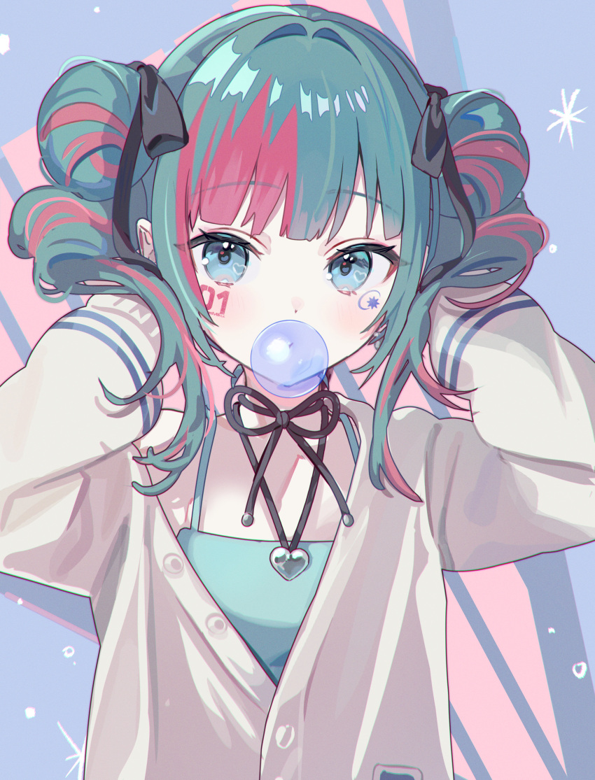 1girl :d absurdres aqua_hair bare_shoulders black_ribbon blue_background blue_camisole blue_eyes blush body_writing bubble_blowing camisole cardigan chewing_gum double_bun facepaint hair_bun hair_intakes hair_ribbon hands_in_hair hands_up hatsune_miku heart heart_pendant highres jacket leo/need_miku long_hair long_sleeves looking_at_viewer multicolored_hair neck_ribbon off_shoulder partially_unbuttoned project_sekai redhead ribbon smile solo sticker_on_face streaked_hair twintails two-tone_hair upper_body vocaloid vs0mr zozotown