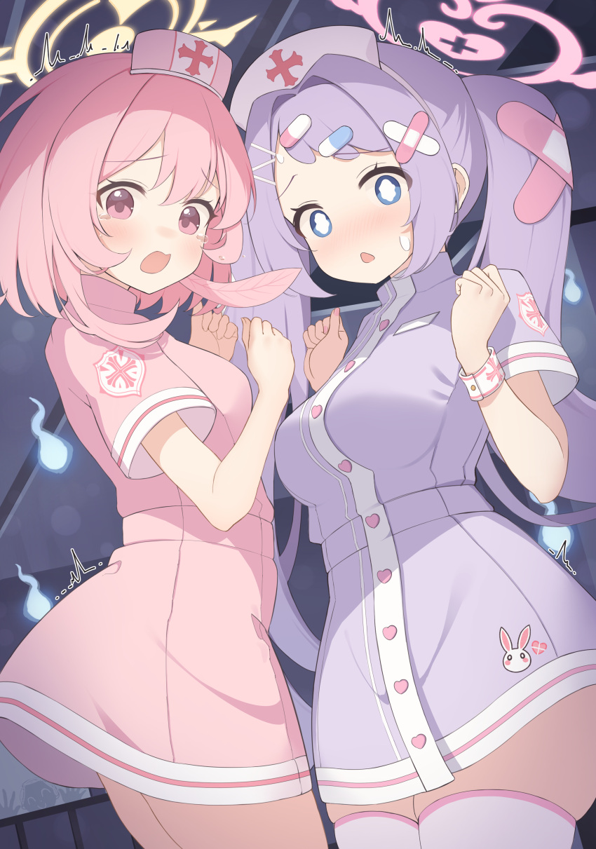 2girls absurdres blue_archive blue_eyes blush breasts cowboy_shot dress feathers halo hanae_(blue_archive) hat hazuki_lime highres large_breasts long_hair looking_at_viewer medium_breasts medium_hair multiple_girls nurse nurse_cap official_alternate_costume open_mouth pink_dress pink_eyes pink_hair pink_halo purple_dress purple_hair scared serina_(blue_archive) serina_(nurse)_(blue_archive) short_sleeves twintails white_headwear yellow_halo