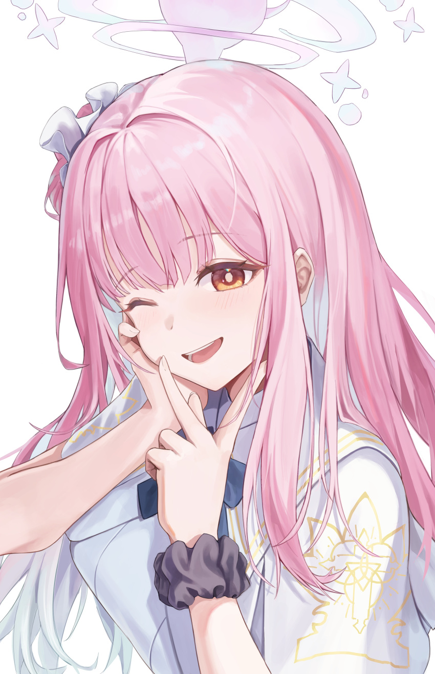 1girl absurdres blue_archive blush highres jw_(wrdawrda) long_hair looking_at_viewer mika_(blue_archive) one_eye_closed open_mouth pink_hair simple_background smile solo white_background yellow_eyes