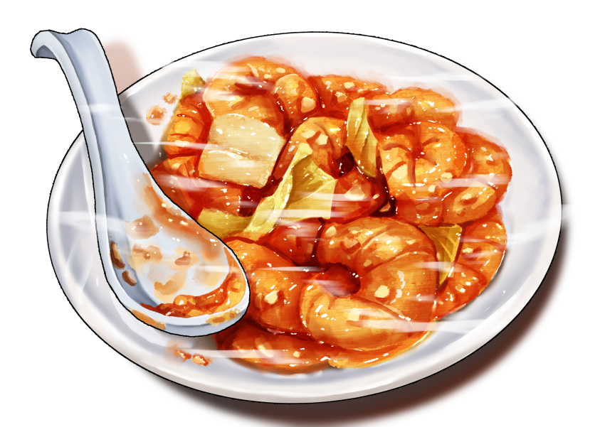 absurdres food food_focus highres kaneko_ryou meat no_humans original plate shrimp simple_background spoon still_life white_background