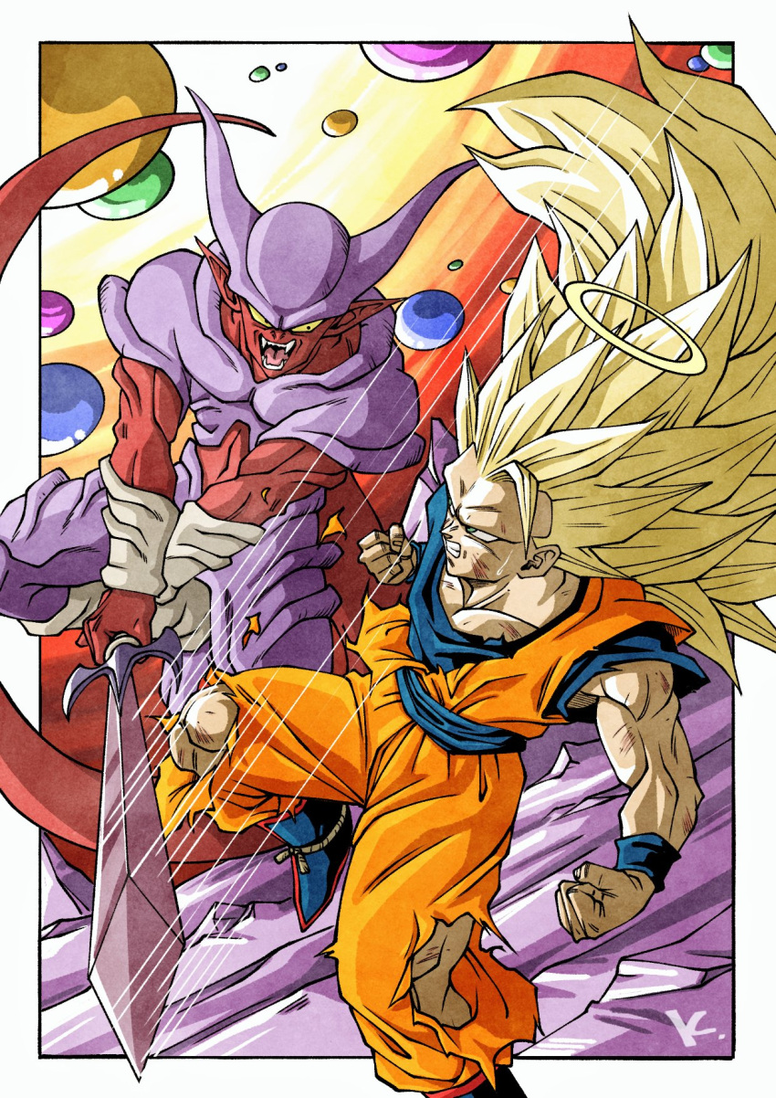 2boys battle battle_damage blue_footwear blue_sash blue_undershirt blue_wristband boots border clenched_hand clenched_teeth collarbone colored_sclera colored_skin demon demon_horns dodging dougi dragon_ball dragon_ball_z duel fangs green_eyes halo highres holding holding_sword holding_weapon horns injury janemba kakeru_(dbskakeru) long_hair looking_at_another monster multicolored_skin multiple_boys muscular open_mouth pants pointy_ears purple_skin red_skin sash son_goku spiky_hair super_saiyan super_saiyan_3 sweat sword tail teeth toriyama_akira_(style) torn_clothes torn_pants very_long_hair weapon white_border yellow_sclera