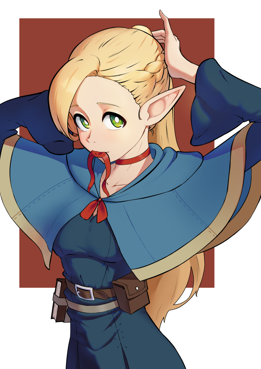 1girl absurdres arms_up belt belt_pouch blonde_hair blue_capelet blue_robe braid breasts bright_pupils brown_belt capelet closed_mouth commentary cowboy_shot dungeon_meshi elf green_eyes highres long_hair long_sleeves looking_at_viewer marcille_donato mouth_hold pointy_ears ponytail pouch reisonant robe small_breasts solo tying_hair white_pupils