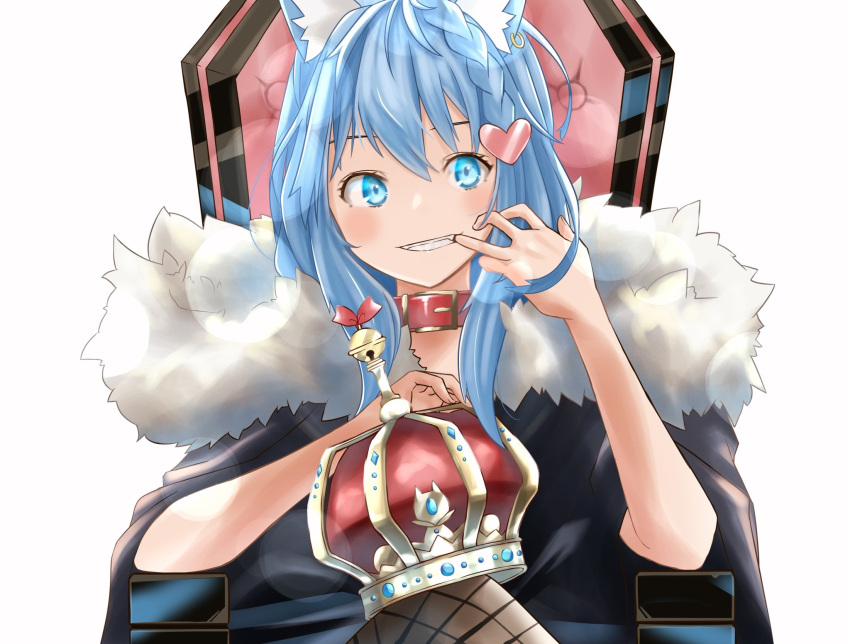 1girl ahoge alternate_costume animal_collar animal_ear_piercing animal_ears black_cape blue_hair blush cape collar commentary_request crown dog_ears dog_girl earrings fishnet_pantyhose fishnets fur_cape grin hat heart heart_hair highres jewelry king_(vocaloid) long_hair looking_at_viewer lovermoonlight medium_bangs mouth_pull nanashi_inc. pantyhose parody red_collar simple_background single_earring smile solo souya_ichika throne unworn_hat unworn_headwear upper_body virtual_youtuber vocaloid white_background