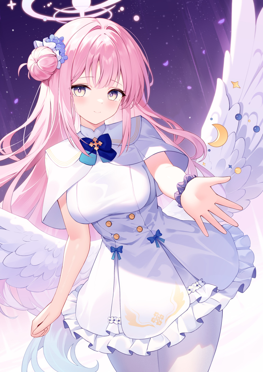 1girl absurdres angel_wings blue_archive blush capelet closed_mouth cowboy_shot crescent crescent_pin dress feathered_wings flower frilled_dress frills hair_bun hair_flower hair_ornament halo highres long_hair mika_(blue_archive) pantyhose pink_hair pink_halo purple_flower shan_far single_side_bun smile solo white_capelet white_dress white_pantyhose white_wings wings yellow_eyes