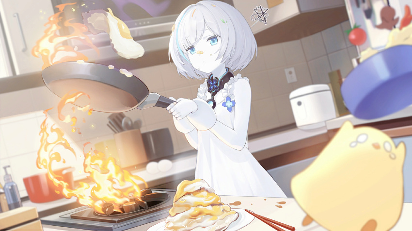 1girl annoyed artist_request azur_lane bandaid bandaid_on_hand blue_eyes blue_hair chopsticks closed_mouth colored_eyelashes colored_skin cooking dress egg_(food) fire food food_on_face four-leaf_clover_necklace fried_egg frying_pan game_cg halter_dress halterneck highres holding holding_frying_pan indoors jewelry kitchen looking_at_viewer manjuu_(azur_lane) multicolored_hair necklace non-web_source official_art open_mouth pale_skin short_hair squiggle streaked_hair sundress tb_(azur_lane) two-tone_hair white_dress white_hair white_skin wrist_cuffs