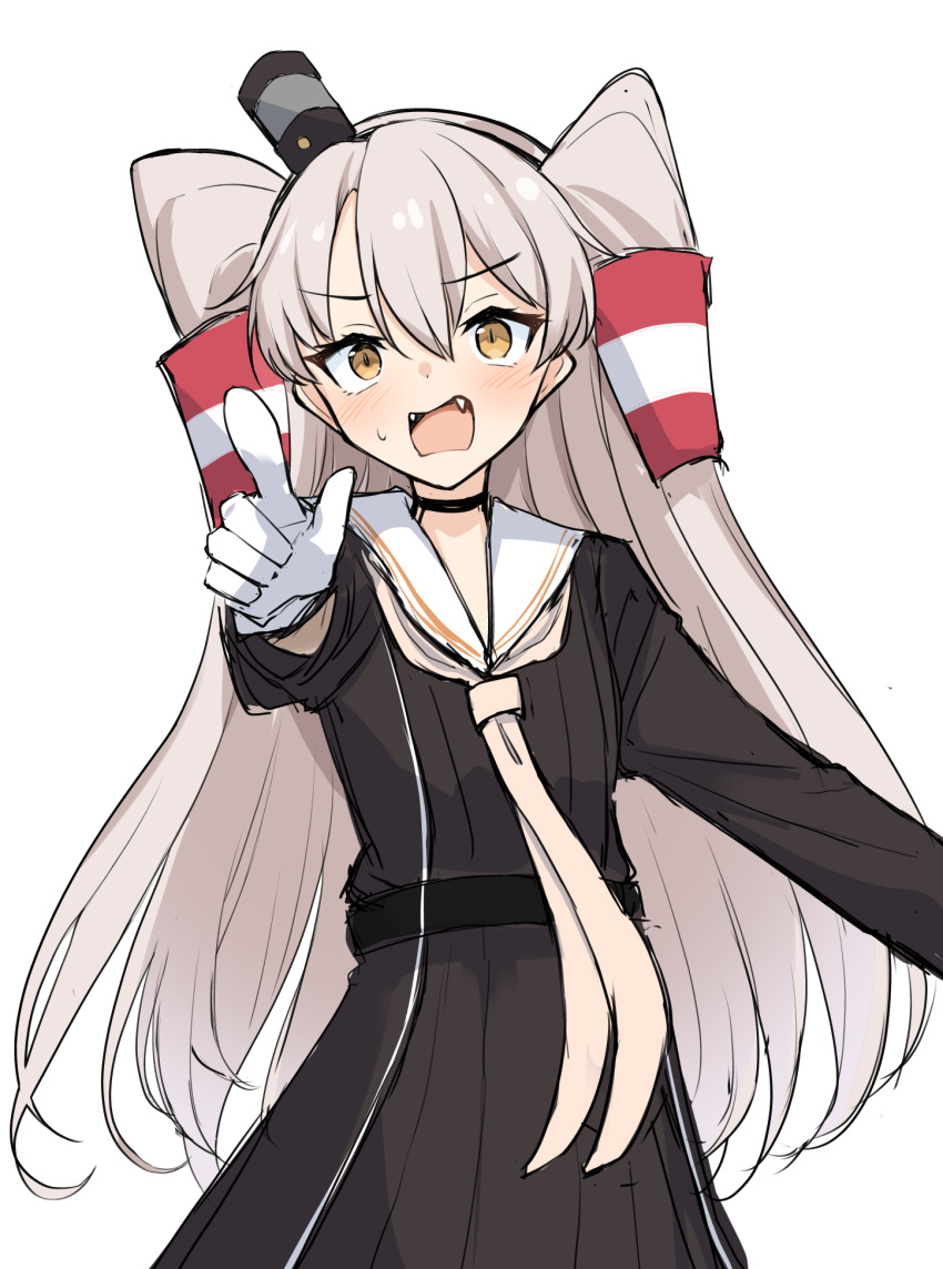 1girl amatsukaze_(kancolle) angry belt black_belt black_choker black_dress blush brown_neckerchief choker commentary cowboy_shot dress fangs gloves grey_hair hair_between_eyes hair_tubes headband highres kantai_collection long_hair long_sleeves looking_at_viewer neckerchief one-hour_drawing_challenge open_mouth pointing pointing_at_viewer sailor_collar sailor_dress sakikumo_(sakumo) simple_background smokestack_hair_ornament solo standing sweatdrop two_side_up white_background white_gloves white_sailor_collar yellow_eyes