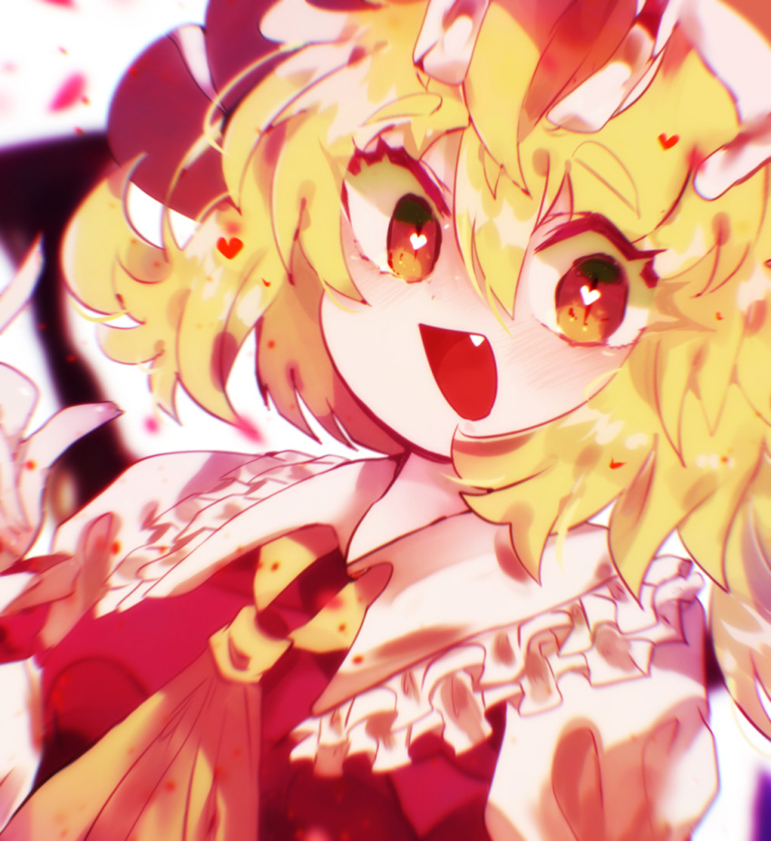 1girl ascot blonde_hair close-up collared_shirt fang flandre_scarlet frilled_shirt_collar frills hat heart heart-shaped_pupils highres looking_at_viewer medium_hair mob_cap open_mouth red_eyes red_vest shirt solo symbol-shaped_pupils teironan touhou upper_body vest white_headwear white_shirt wings yellow_ascot